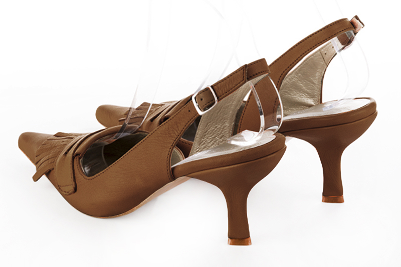 Caramel brown women's slingback shoes. Pointed toe. High spool heels. Rear view - Florence KOOIJMAN
